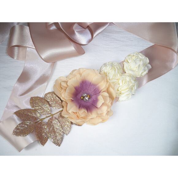 Blush Gold Applique Leaves Floral Rhinestone Bridal Wedding MOB Prom Party Belt - Picture 3 of 6